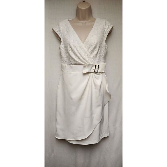 STUDIO ONE Off-White V-Neck Sleeveless Faux Wrap Sheath Dress Size 8 - Picture 2 of 6